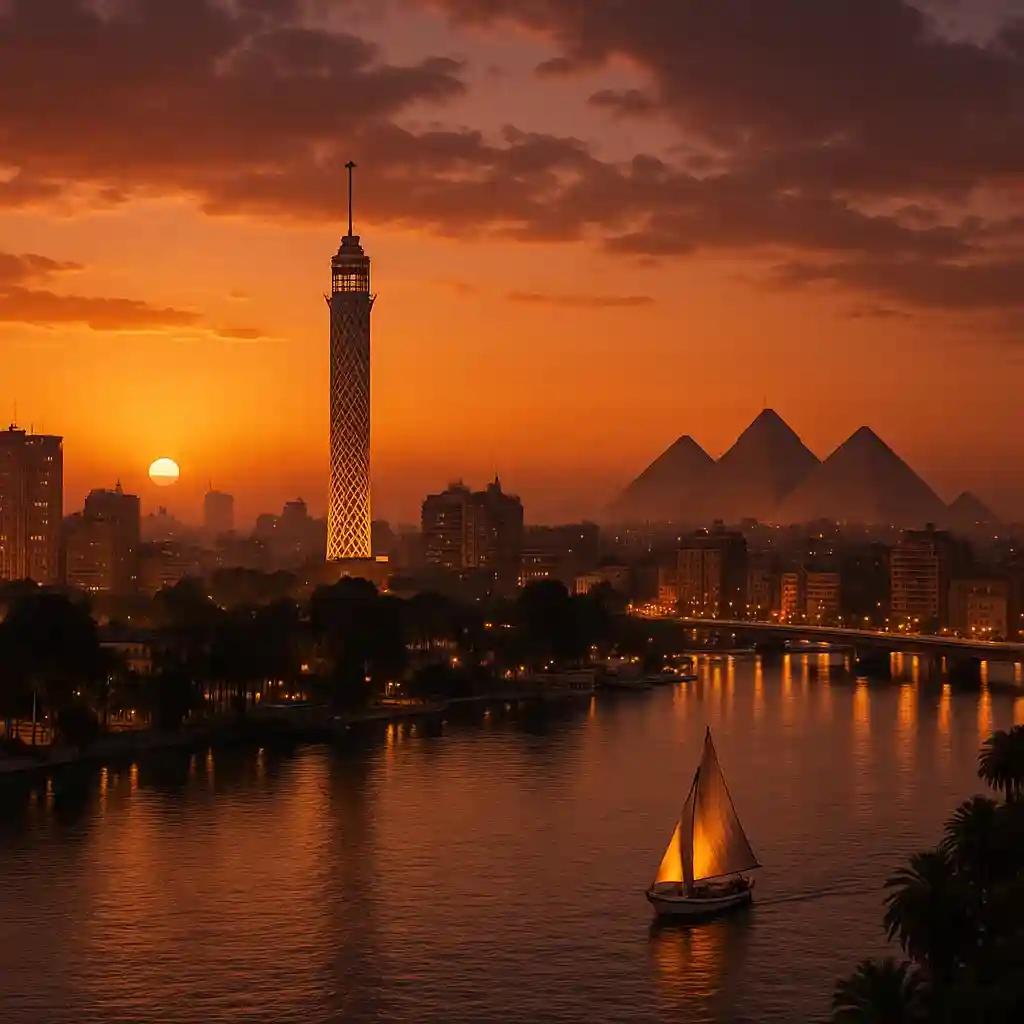 Cairo Tower overlooking the Nile River at sunset with the Pyramids of Giza in the background Egypt