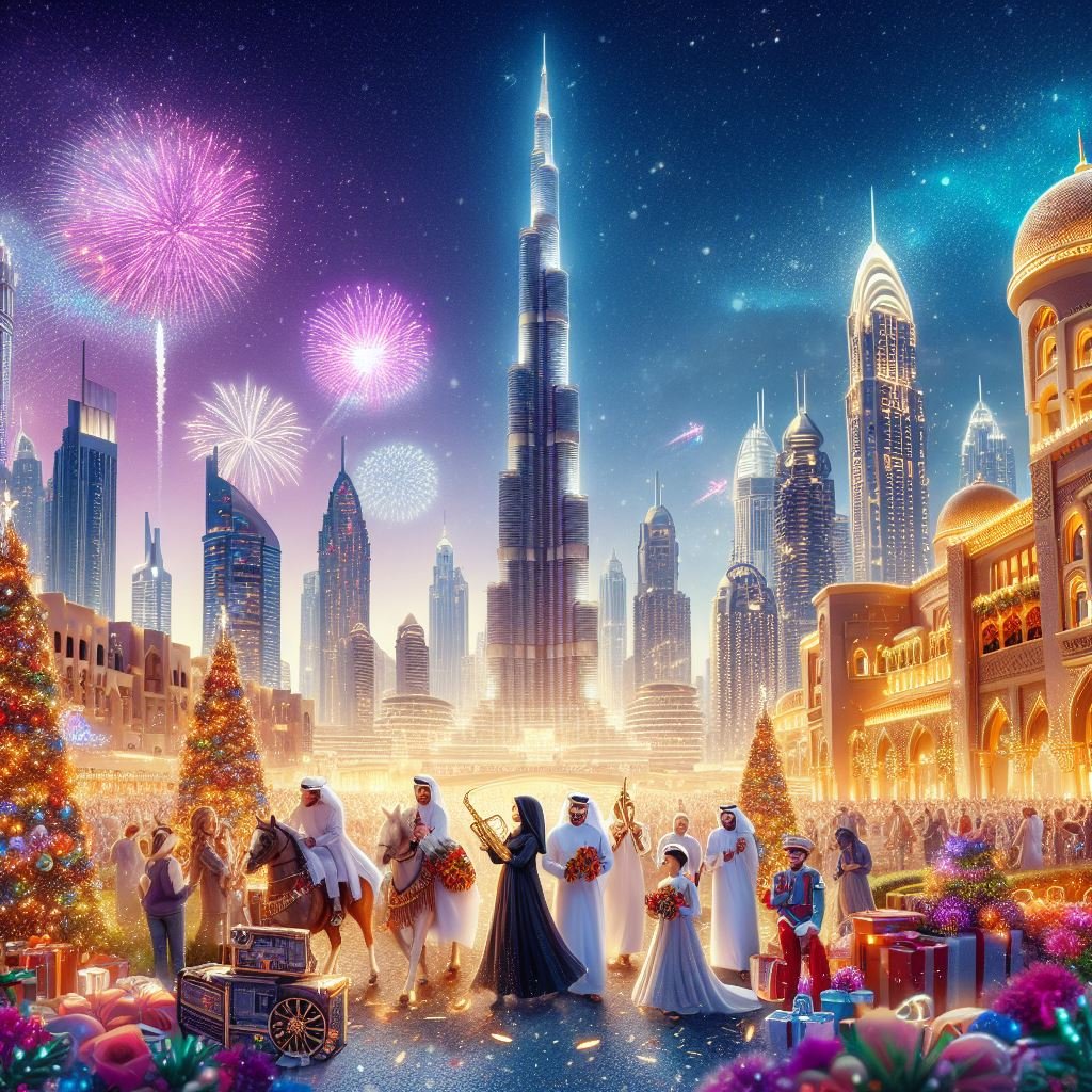 New Year celebration in Dubai with Burj Khalifa fireworks festive decorations and visitors enjoying the event
