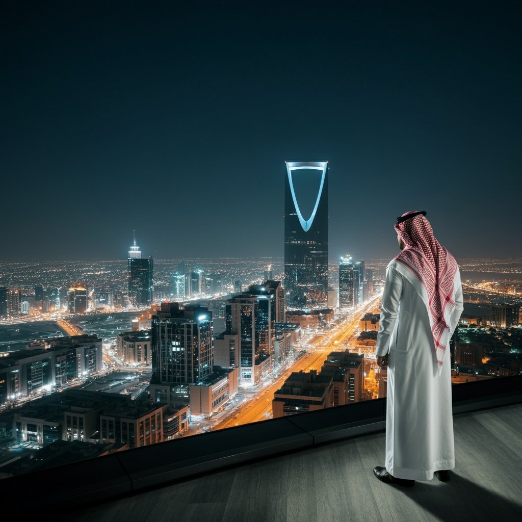 Saudi businessman overlooking Riyadh skyline at night with Kingdom Centre Tower representing investment and business opportunities in Saudi Arabia
