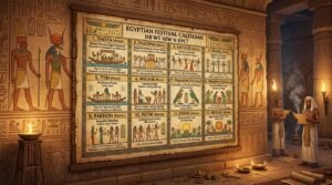 Ancient Egyptian style festival calendar showing cultural events celebrations and travel seasons in Egypt
