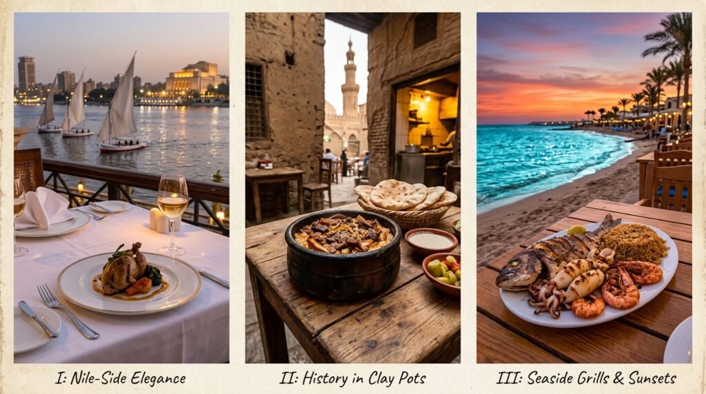 Traditional Egyptian cuisine and luxury dining experiences by the Nile and Red Sea