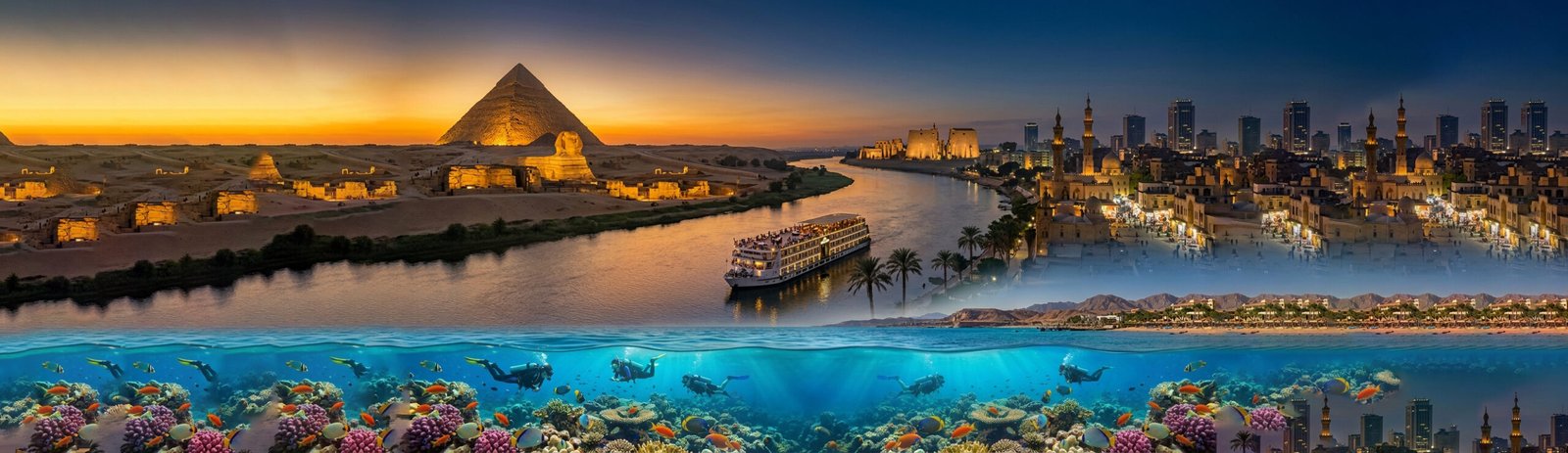 Egypt travel landmarks featuring the Pyramids of Giza, a Nile Cruise, and the Cairo skyline