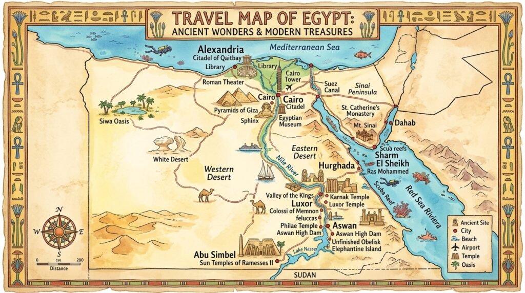Travel map of Egypt showing major tourist destinations including Cairo Luxor Aswan Alexandria Red Sea resorts and historical landmarks