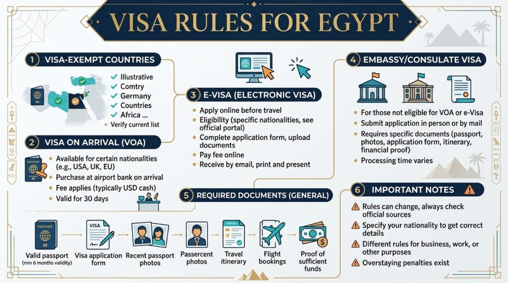 Egypt visa rules infographic showing tourist visa requirements eVisa application and entry regulations for travelers