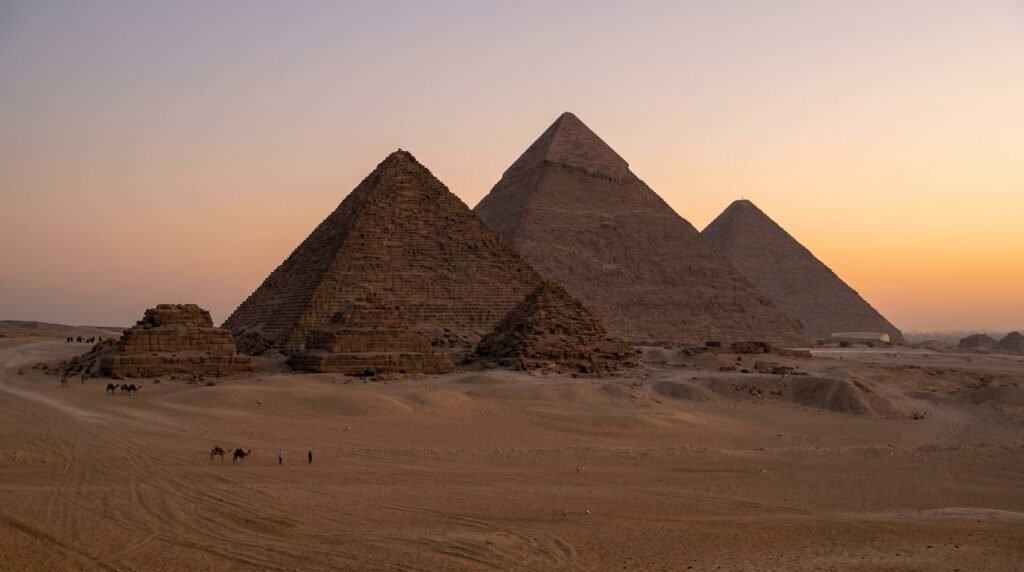 Great Pyramids of Giza at sunset in Egypt