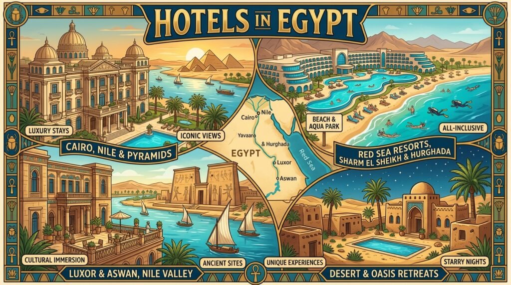 Illustrated guide to hotels and accommodation destinations across Egypt including Cairo Luxor Aswan and the Red Sea