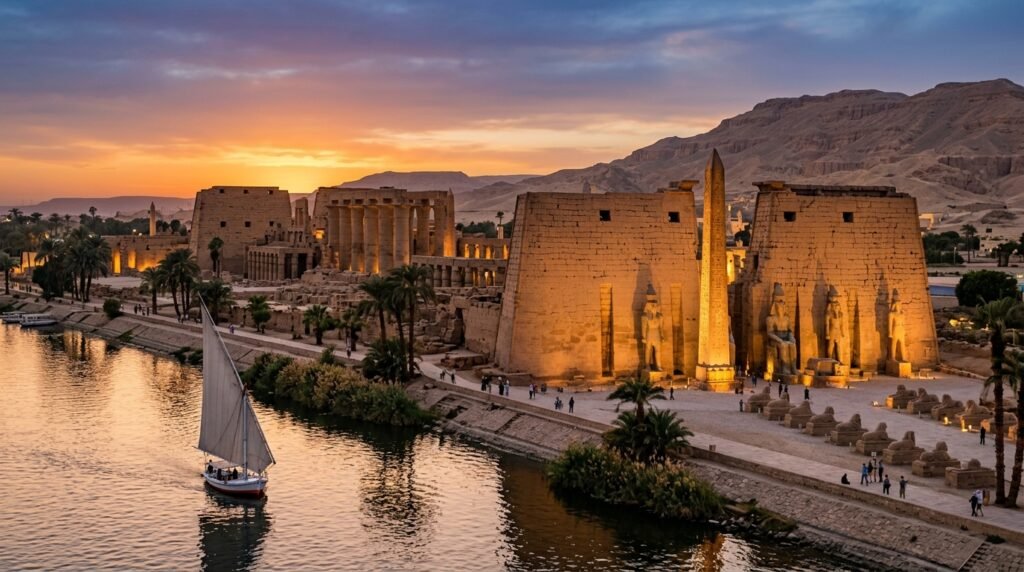 White Sky Egyptian Temples Luxor Temple illuminated at sunset beside the Nile River in Egypt