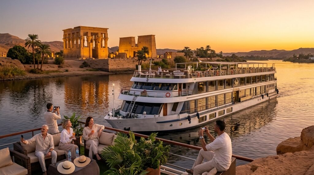 White Sky Nile Cruises Egypt Luxury Nile Cruise sailing near an ancient Egyptian temple at sunset