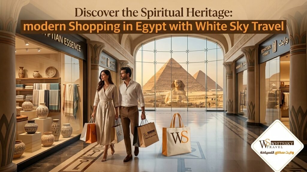 Tourists shopping in Cairo with views of the Giza Pyramids, Egypt